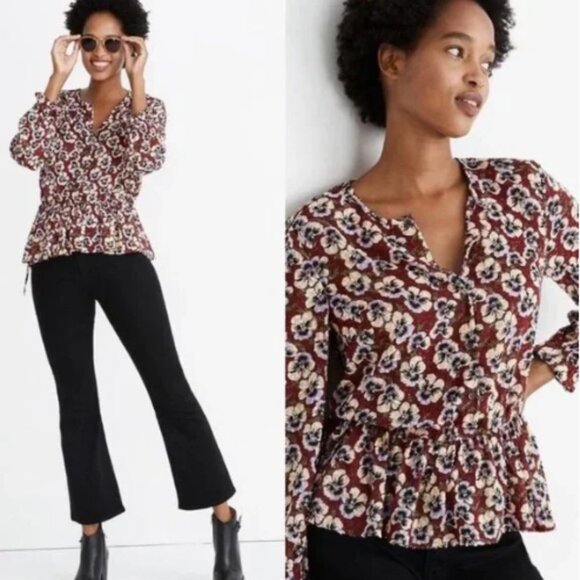Madewell Pansy Print Blouse Viola Floral V-neck Wine Burgundy Size Medium - Picture 1 of 16